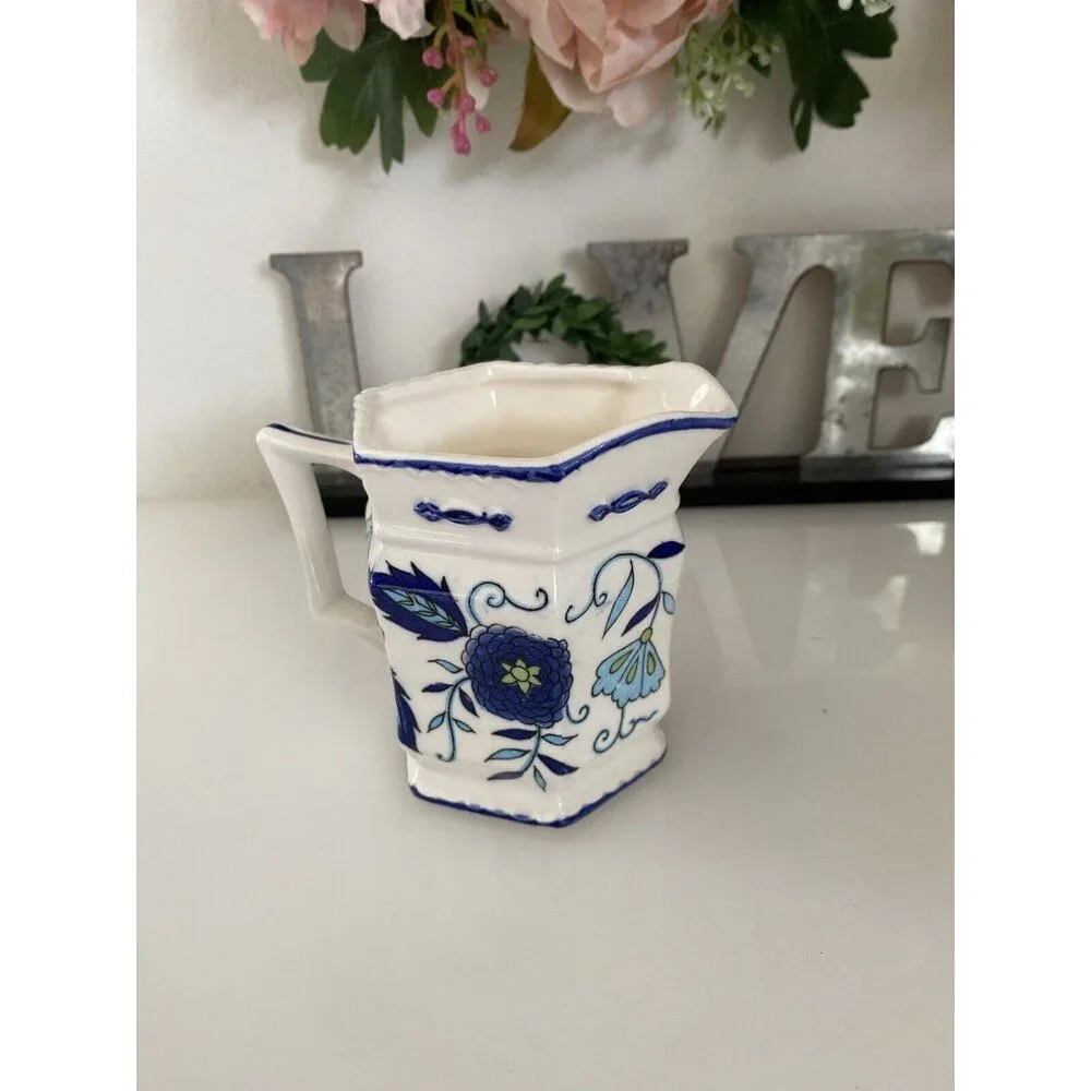 Vintage Ironstone Mann Import Blue Heirloom Hand Painted Floral Creamer 4